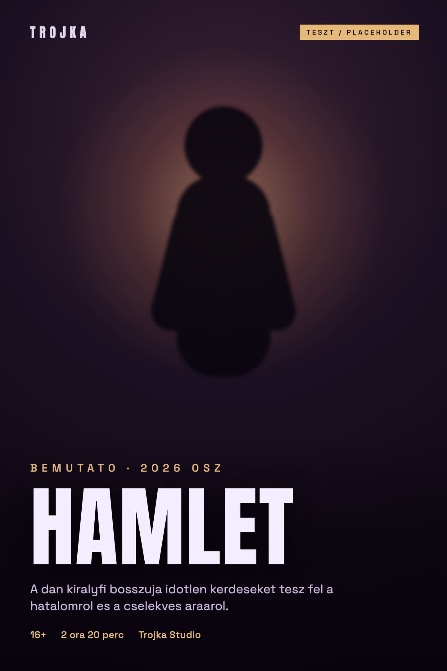 Teszt plakat: sotet szinpadi hatteren megvilagitott alak sziluettje, alul a Hamlet felirat