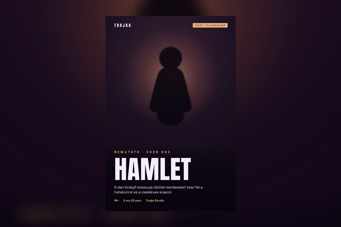 Teszt plakat: sotet szinpadi hatteren megvilagitott alak sziluettje, alul a Hamlet felirat